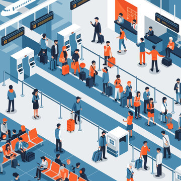 People queuing at airport check-in counters with luggage.
