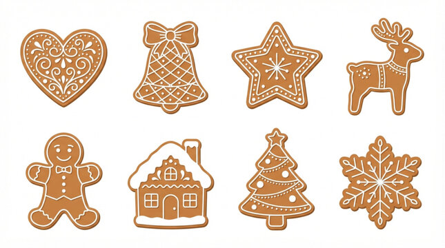 Decorated Christmas gingerbread cookies vector set with white icing frosting patterns for winter holiday design