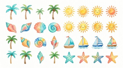 Fototapeta premium Colorful Tropical Beach Illustration Set with Icons