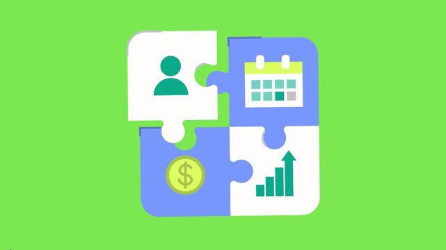 Business planning and management concept represented by four interlocking puzzle pieces with icons