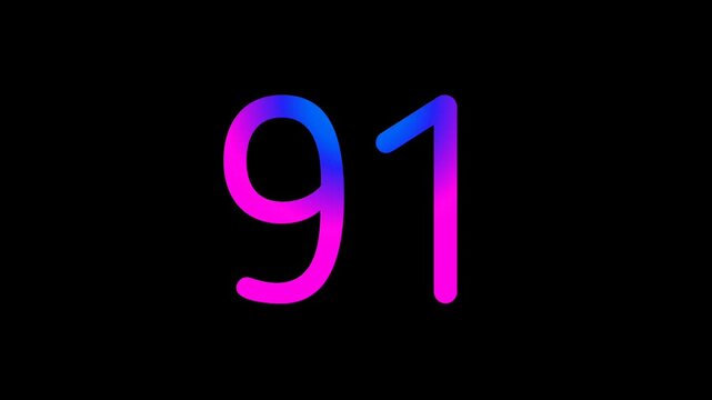 Neon light Number 91 Animation Glowing Gradient Blue Pink Digital Futuristic LED Numeric Loop Abstract Tech dark Background Motion Graphics