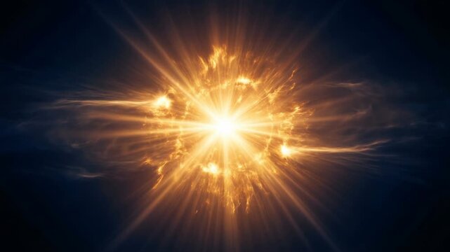 Low angle timelapse sun on blue sky concept. Bright golden explosion of light with radiant beams and glowing fiery particles in dark background