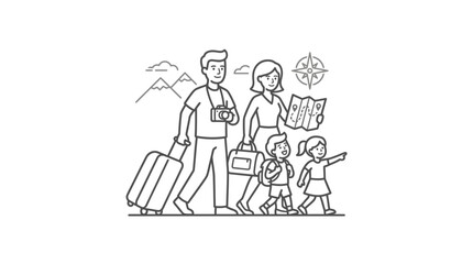 Obraz premium Clean Black and White Line Drawing of Family Traveling with Luggage Camera and Map Adventure with high quality professional line art symbols for modern creative design and digital branding projects