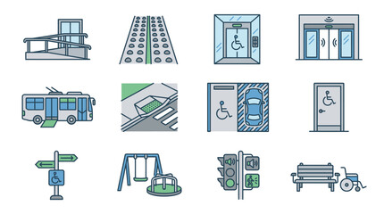 Elegant Accessibility Icons Showcasing Inclusive Public Transport and Urban Features in Minimalist Design © mat