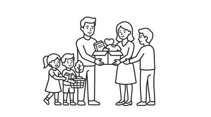 Obraz premium Sleek Black and White Line Drawing of Family Receiving Donation Box with Heart Shaped Gift and Groceries