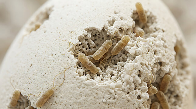 Microscopic view of rod shaped bacteria colonizing a porous biological surface structure