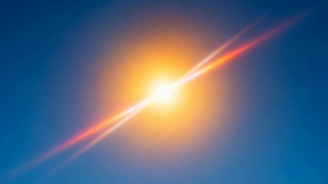 Low angle timelapse sun on blue sky concept. Bright sun with strong lens flare effect in clear blue sky during daylight