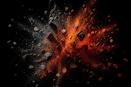 Dust and rocks burst outward in a colorful display against a black background. The moment captures energy and movement. The scene reflects a creative artistic process or experiment.