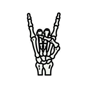 Skeleton hand doing rock and roll sign, white background, illustration.