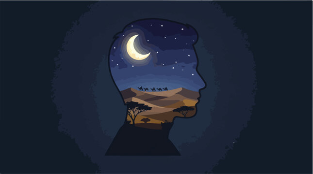 Surreal double exposure silhouette of a man head, night desert landscape with crescent moon and stars, psychological concept of dreaming and subconscious