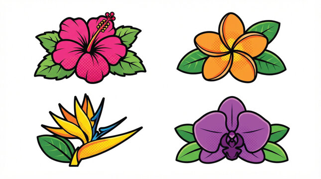 Retro pop art tropical flowers vector set with vibrant colorful hibiscus and plumeria icons isolated on white background
