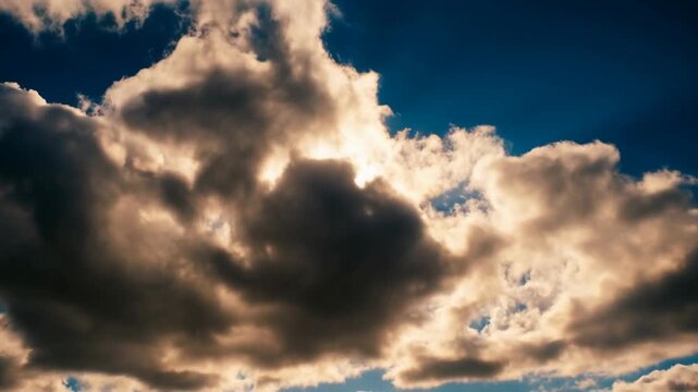 Dramatic dark clouds with sunlight breaking through in a vibrant blue sky
