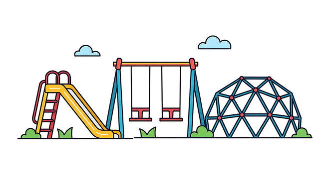 Colorful playground illustration with a swing and slide in a flat clipart style for childrens park recreation