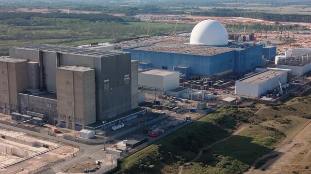Aerial Establishing Dolly In Sizewell B Nuclear Power Station Facilities in Suffolk England Drone View