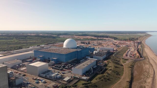 Sizewell B Nuclear Power Station and Coastline in Suffolk England Drone Aerial Establishing View