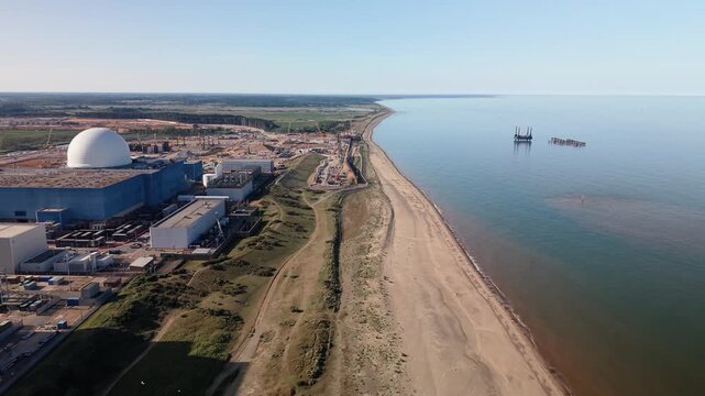 Sizewell B Nuclear Power Station and Coastline in Suffolk England Drone Aerial Dolly In View UK United Kingdom Energy Site