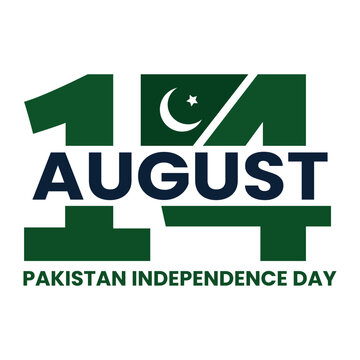 A graphic design celebrating Pakistan Independence Day on August 14th with a green and white color scheme