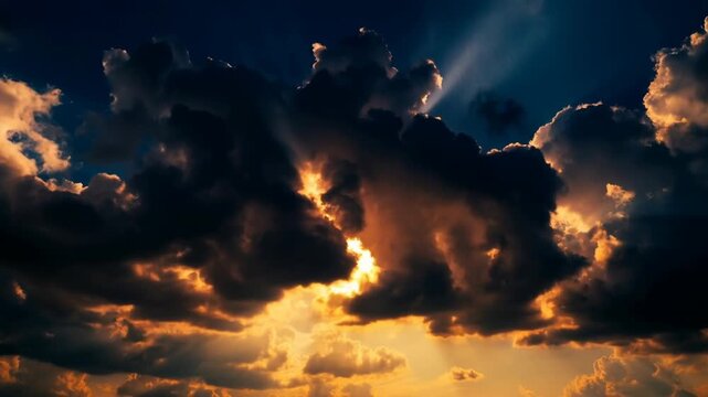 Dramatic sunset sky with golden rays shining through dark clouds over horizon