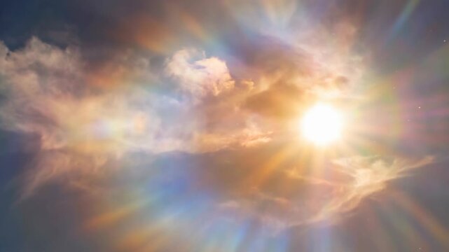 Bright sun rays shining through colorful clouds in a vibrant sky with natural light effects