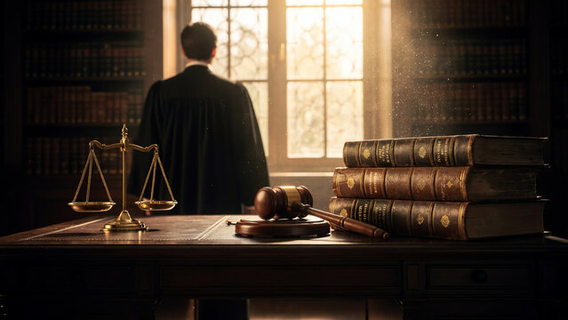 Gavel and scales of justice beside stack of old books in library with judge in black robe near window, ideal for legal services, law firms and justice advocacy