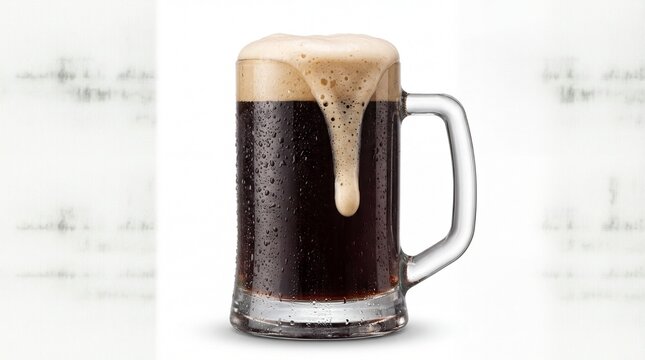 Cold glass mug of dark stout beer with thick foam