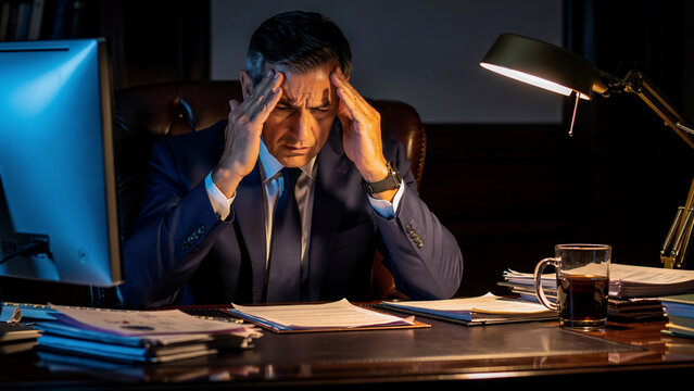 Stressed businessman holding head at desk with computer and lamp, late night work, concept for overwork, burnout and executive pressure
