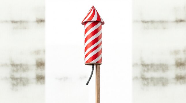 Red and white striped firework rocket on a wooden stick