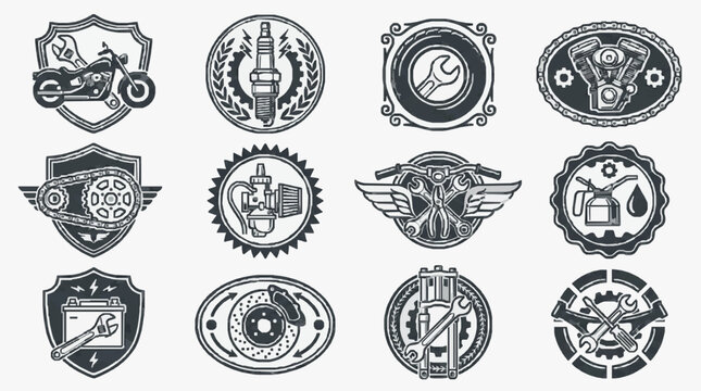 Modern Black and White Vintage Style Mechanical and Auto Repair Emblem Icons Set for Branding Logos or Design Projects