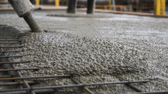 Fresh concrete being poured over metal rebar for construction foundation work at building site