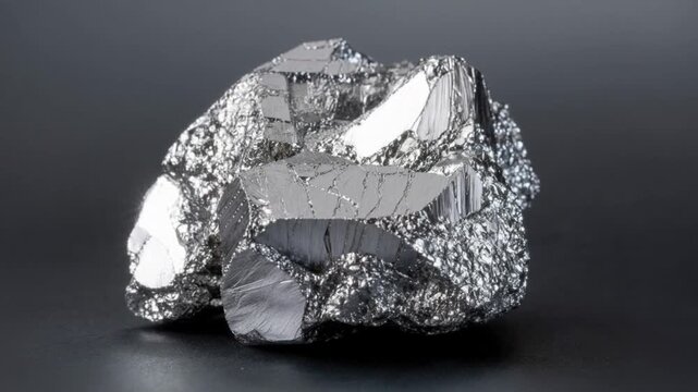 Shiny metallic crystal mineral sample with silver reflective surface close up