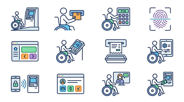 Minimalist Line Art Icons of Accessible Digital Banking and Financial Services for People with Disabilities