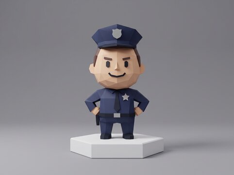 Low poly 3D police officer character on a pedestal, ideal for games, education, security and public service concepts.