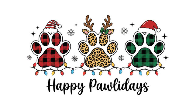 Cute Happy Pawlidays text with festive paw prints and Christmas lights celebrating pets during the holiday season transparent background