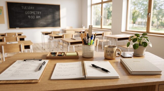 Teacher desk setup with open planner and stationery items in an empty classroom for morning lesson plan