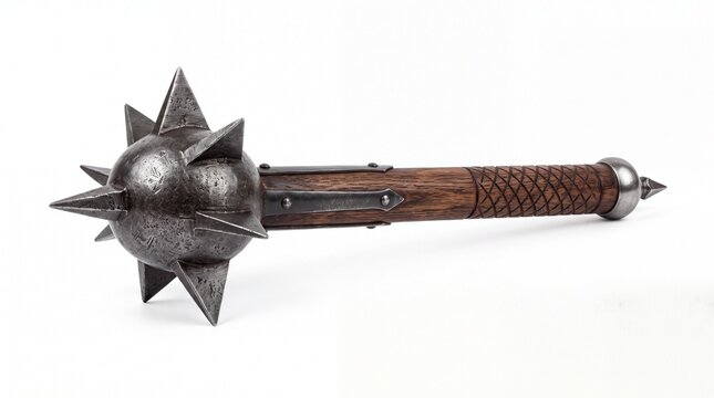 Old medieval metal mace weapon with wooden handle