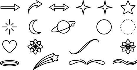 Minimalist Y2K Celestial Line Icon Set with Arrows Stars Planet Moon Heart and Decorative Flourish Symbols © MdShakib