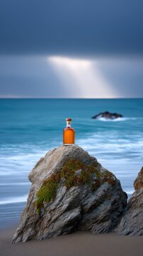 Elegant whiskey bottle sitting on a mossy rock at the ocean shore under stormy skies