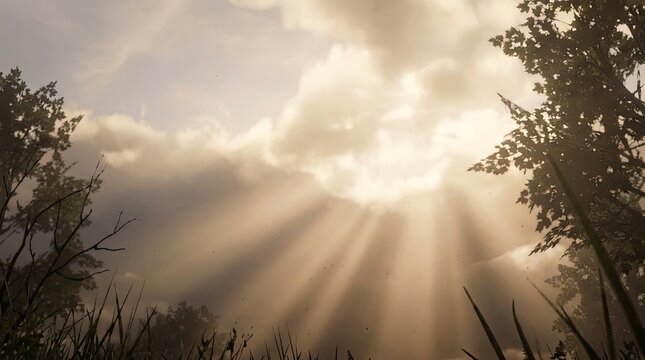 Low angle timelapse sun on blue sky concept. A serene landscape featuring sunbeams through clouds at dawn.