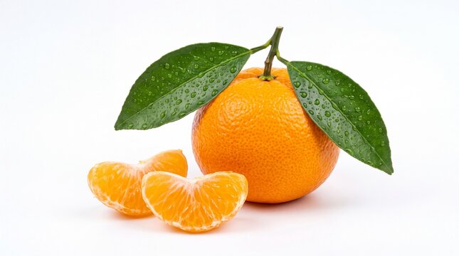 Fresh orange mandarin fruit with green leaves and water drops