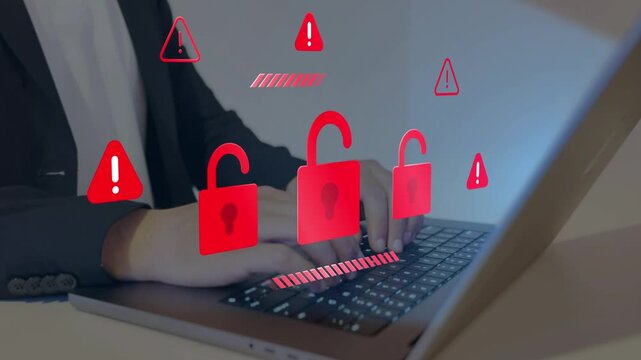 Hacking and system intrusion. Unauthorized access and account takeover. Unlocked padlock icons.