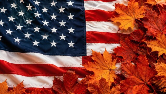 Vibrant red and orange maple leaves resting gracefully upon the folded fabric of the american flag