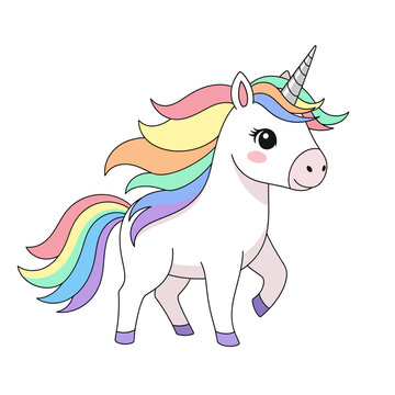 Cute Cartoon Unicorn with Rainbow Mane and Tail on White Background