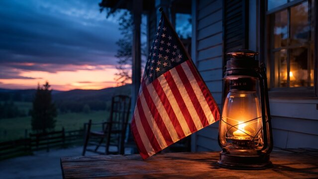 American flag stands proudly beside a glowing vintage lantern on a rustic wooden porch at dusk