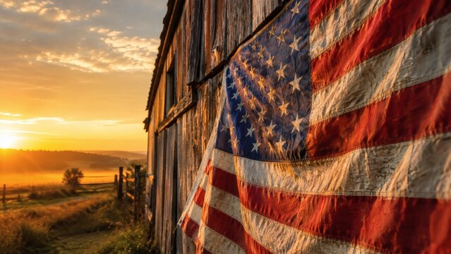 Weathered american flag hanging on a rustic wooden barn wall during a beautiful golden sunrise