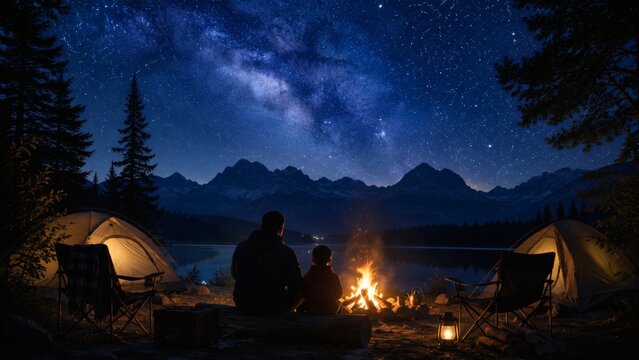 Father and son sitting by a glowing campfire under a brilliant starry night sky at lake