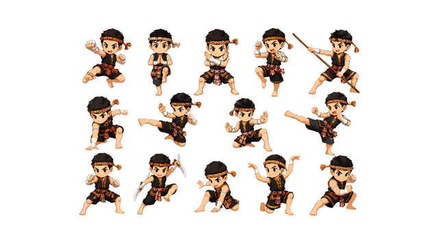 Cute Kids Pencak Silat Poses Set Indonesian Martial Arts Cartoon Vector