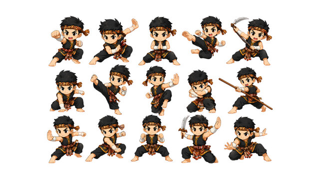 Kids Pencak Silat With Traditional Weapons Set Cartoon Vector Illustration