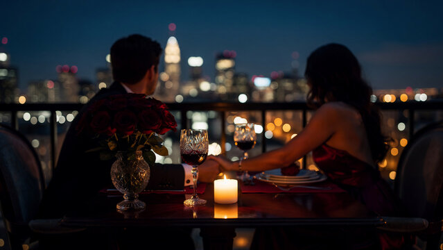 Romantic couple holding hands over a candlelit dinner table with red roses and city skyline at night, suitable for lifestyle, travel and celebrations