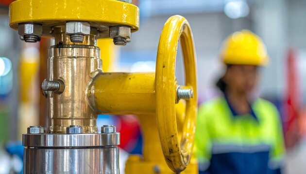Industrial brass valve on yellow pipe in modern factory
