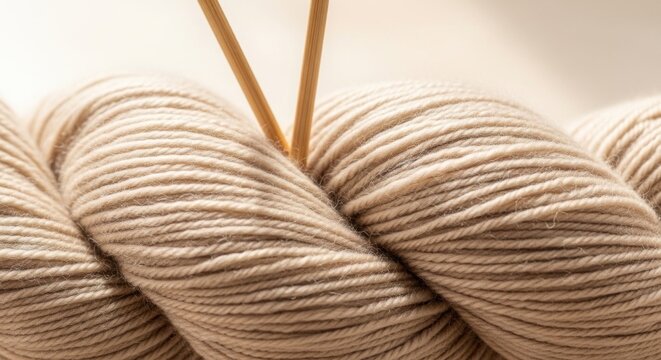 Natural beige wool yarn and knitting needles.